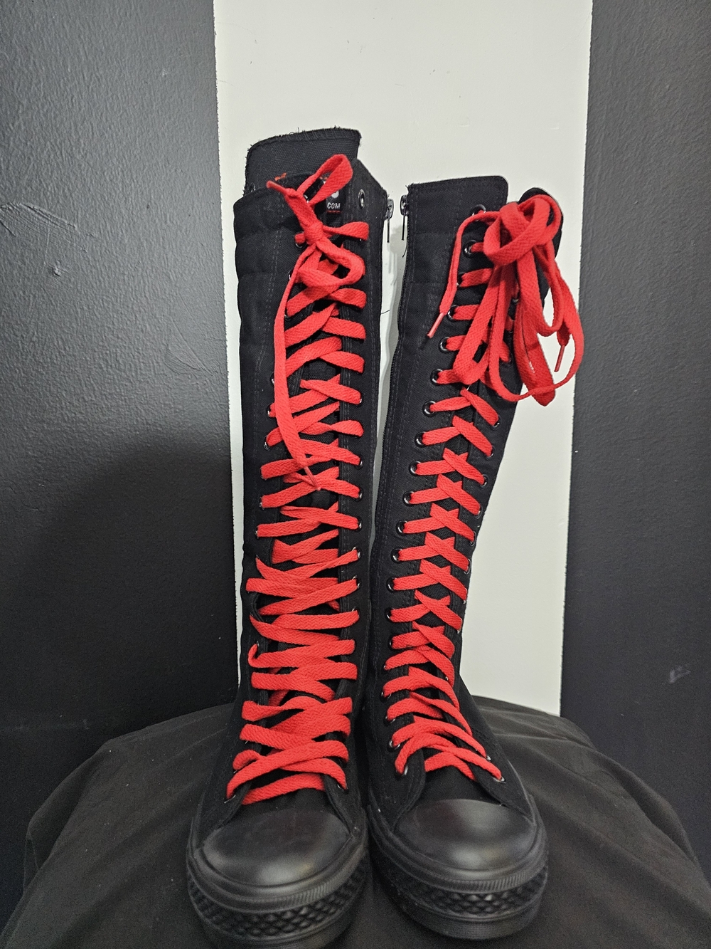 Black Knee-High Lace-Up Boots with Red Laces